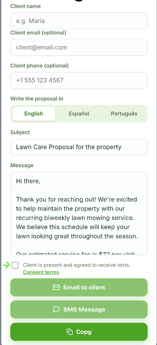 The LawnQuote in-app SMS consent confirmation checkbox, shown to every provider before a message is sent.